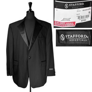 Stafford Mens 48R Black Tuxedo Jacket 100% Wool Satin Lapel Blazer Sport Coat